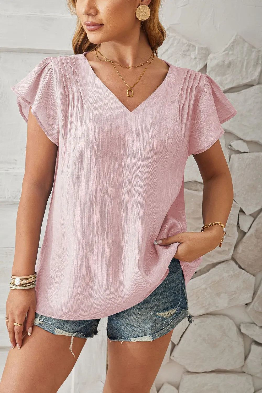V-Neck Flutter Sleeve T-Shirt – Trendsi | ClozArt