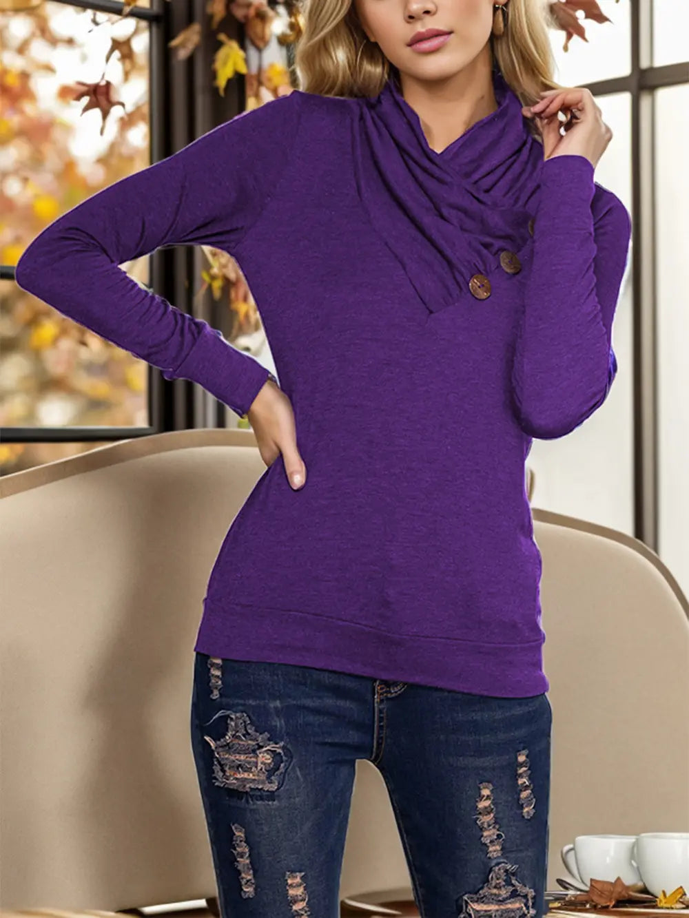 Shiny Buttoned Mock Neck Long Sleeve Blouse – Trendsi | ClozArt