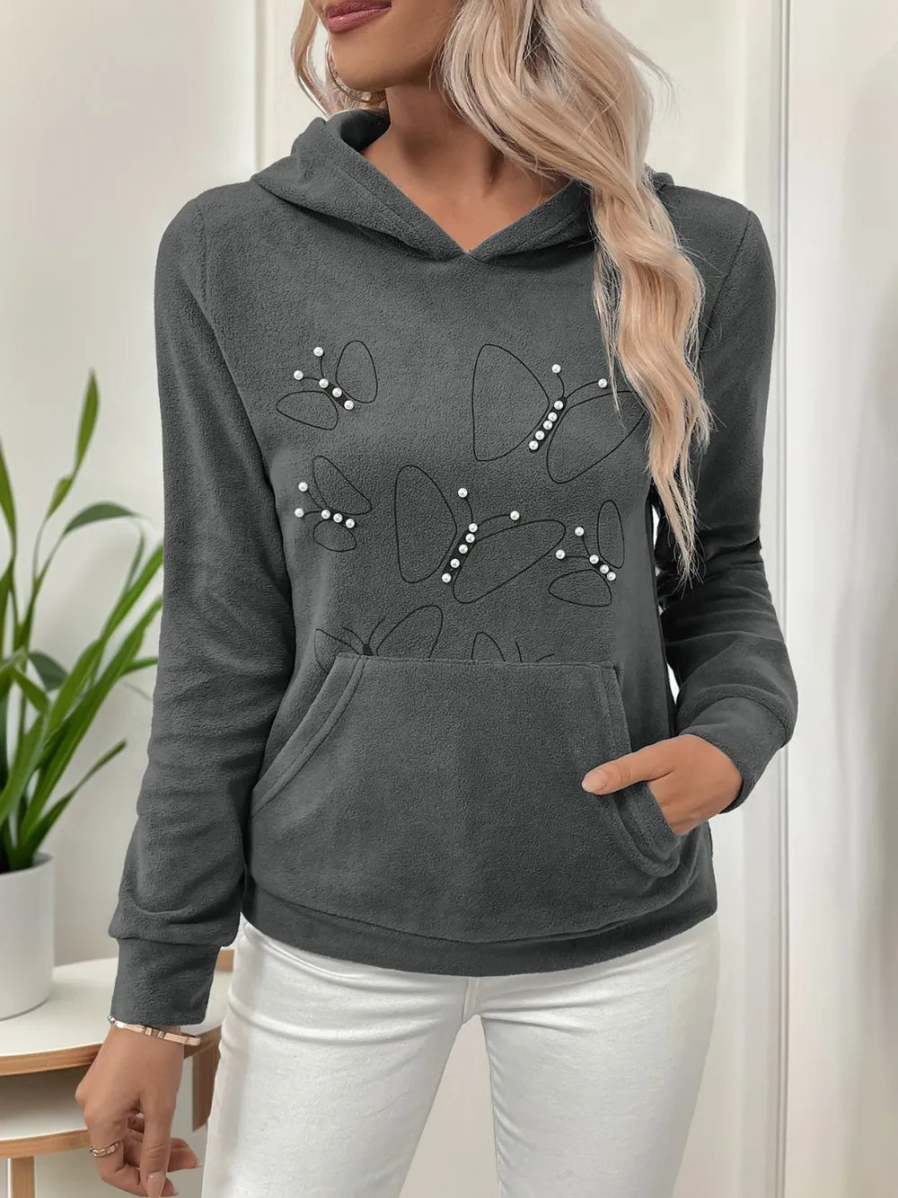 Perfee Pearl Butterfly Long Sleeve Hoodie – Trendsi | ClozArt