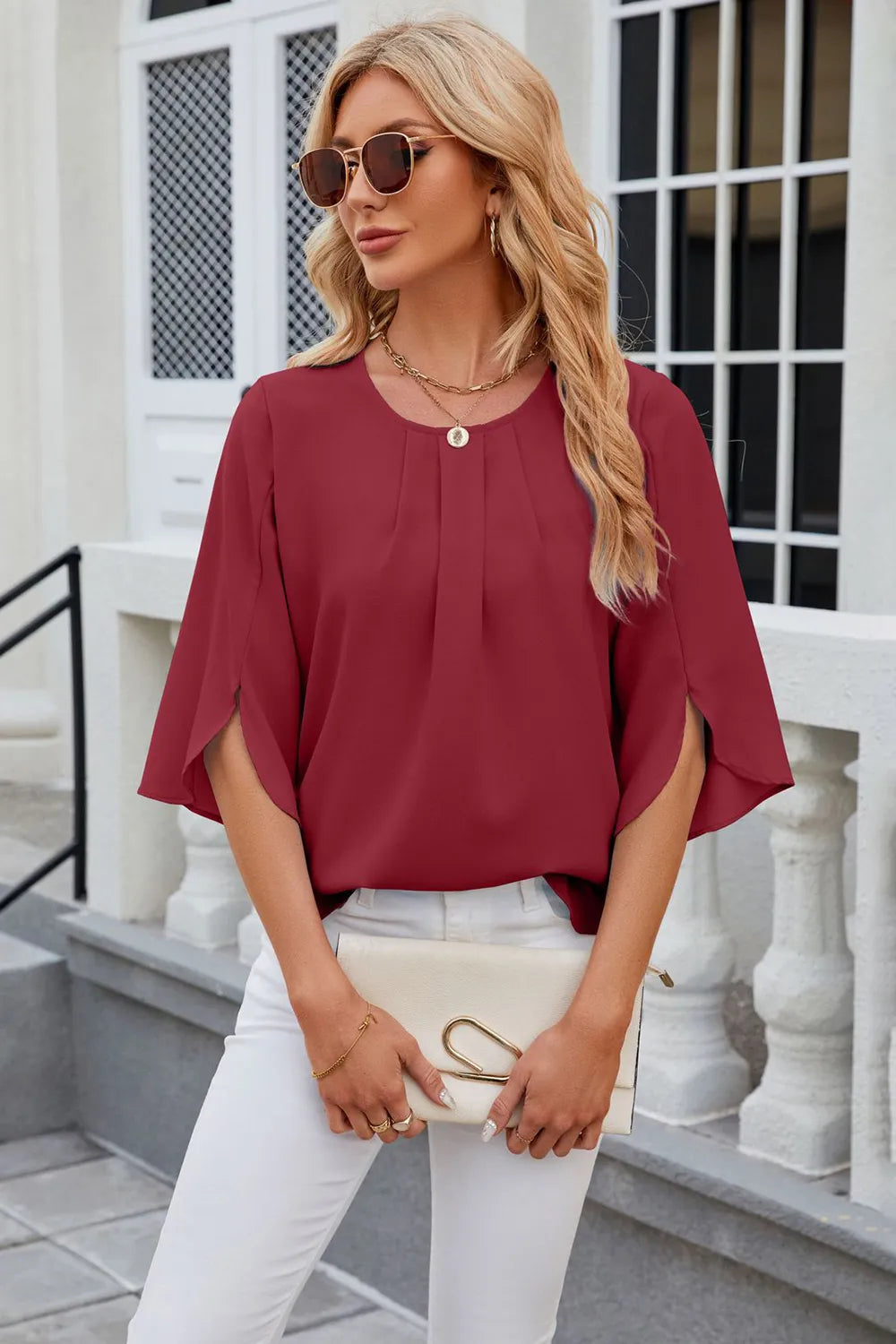 Round Neck Slit Half Sleeve Top – Trendsi | ClozArt