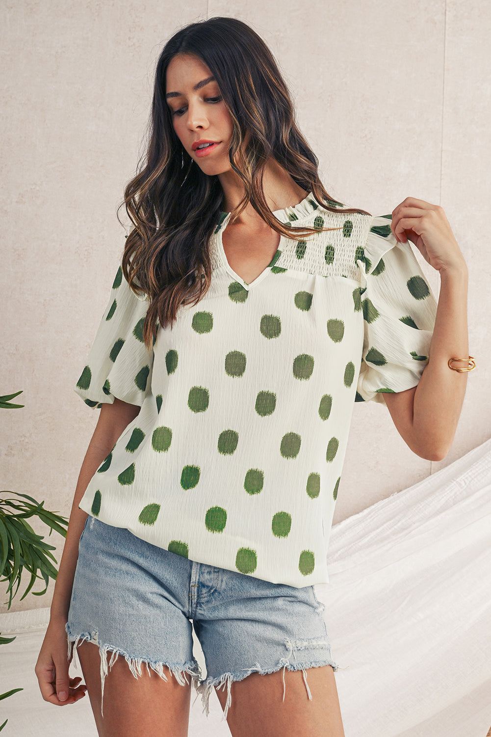 Black Polka Dot Print Smocked Notched Neck Balloon Sleeve Blouse – Shewin | ClozArt