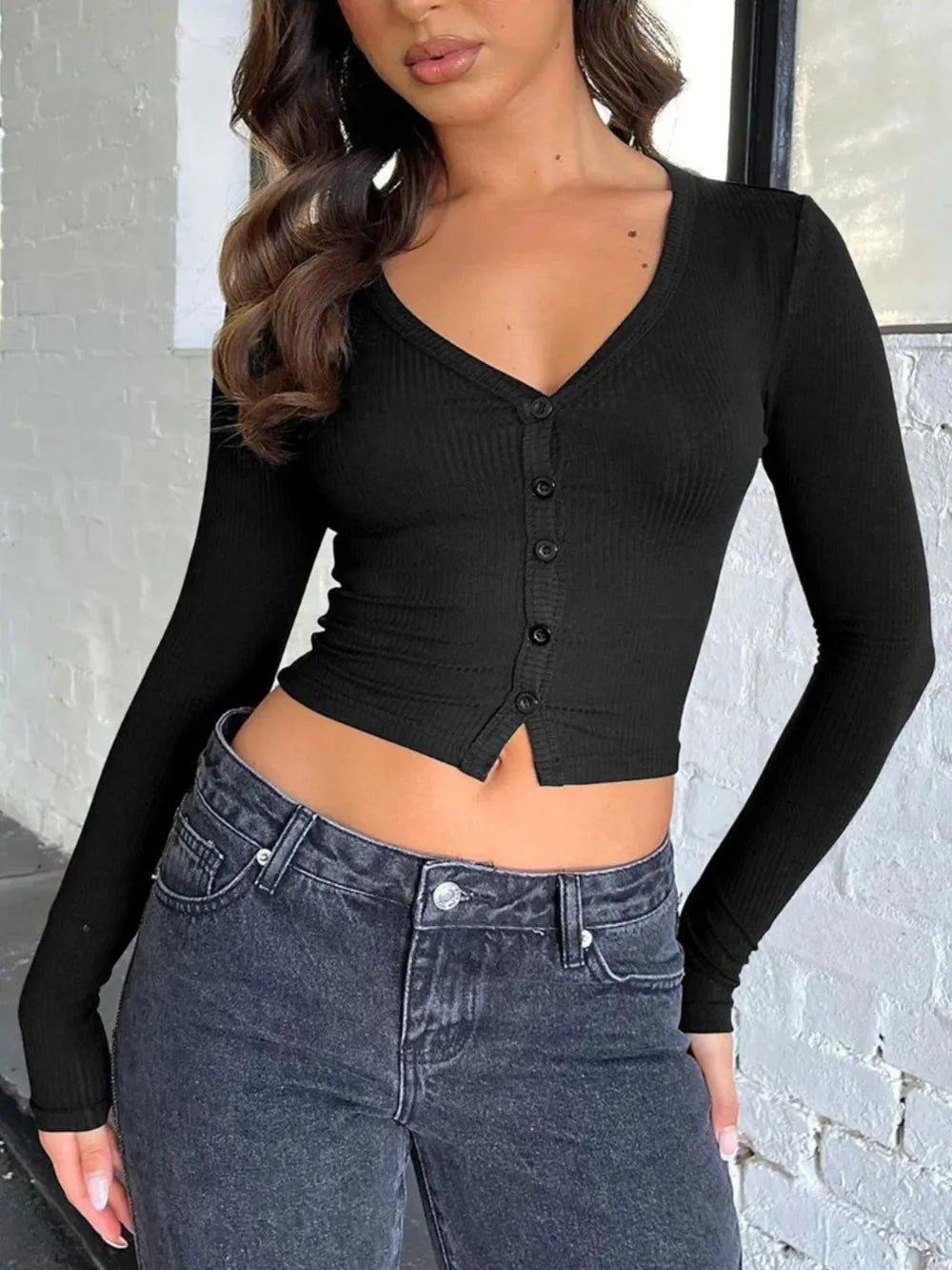 Buttoned V-Neck Long Sleeve T-Shirt – Trendsi | ClozArt