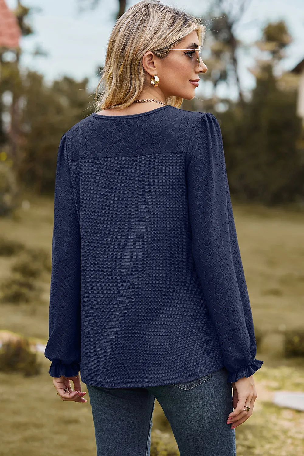 Eyelet Round Neck Flounce Sleeve T-Shirt – Trendsi | ClozArt