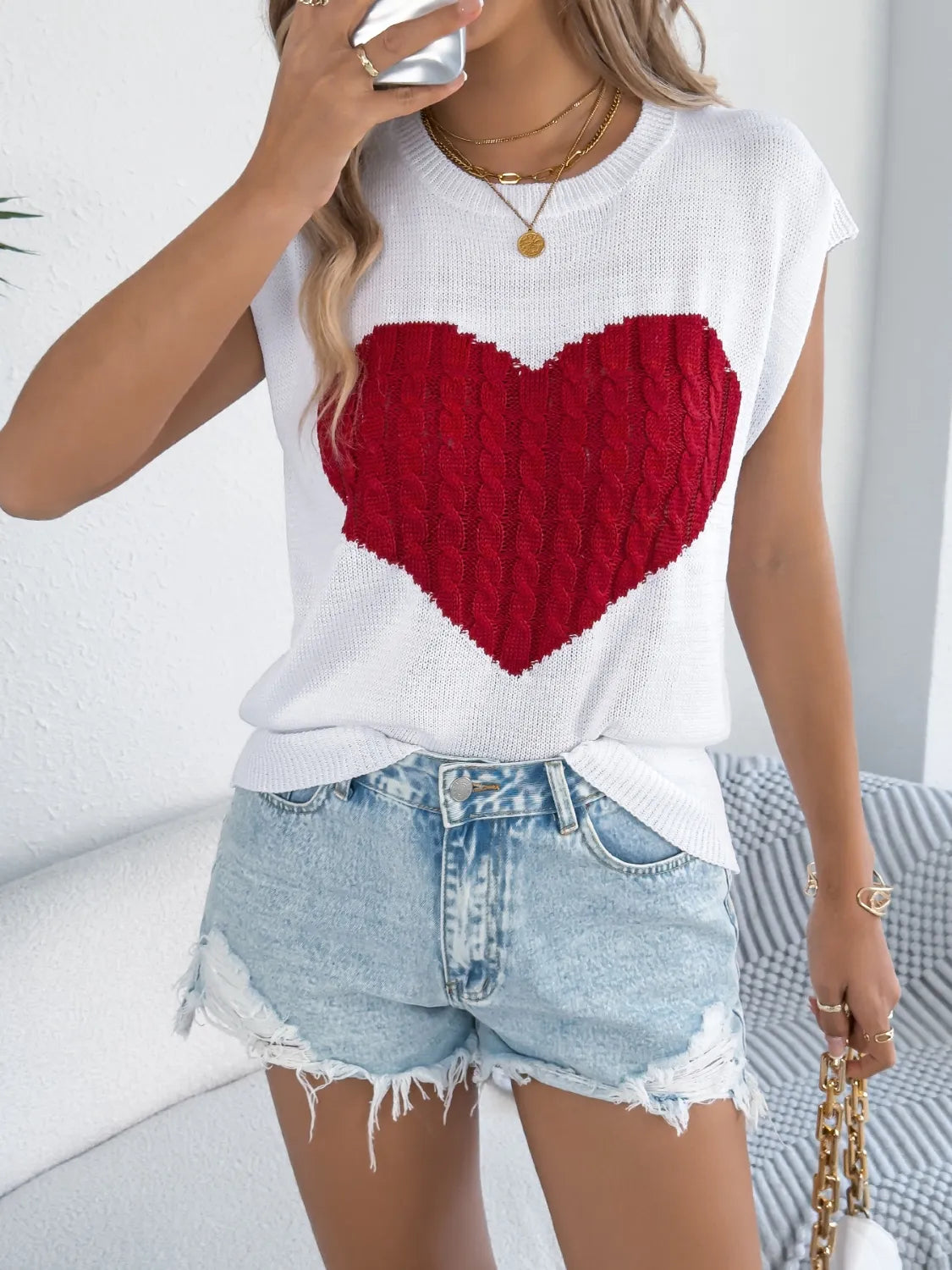 Cable Knit Heart Round Neck Cap Sleeve Knit Top – Trendsi | ClozArt