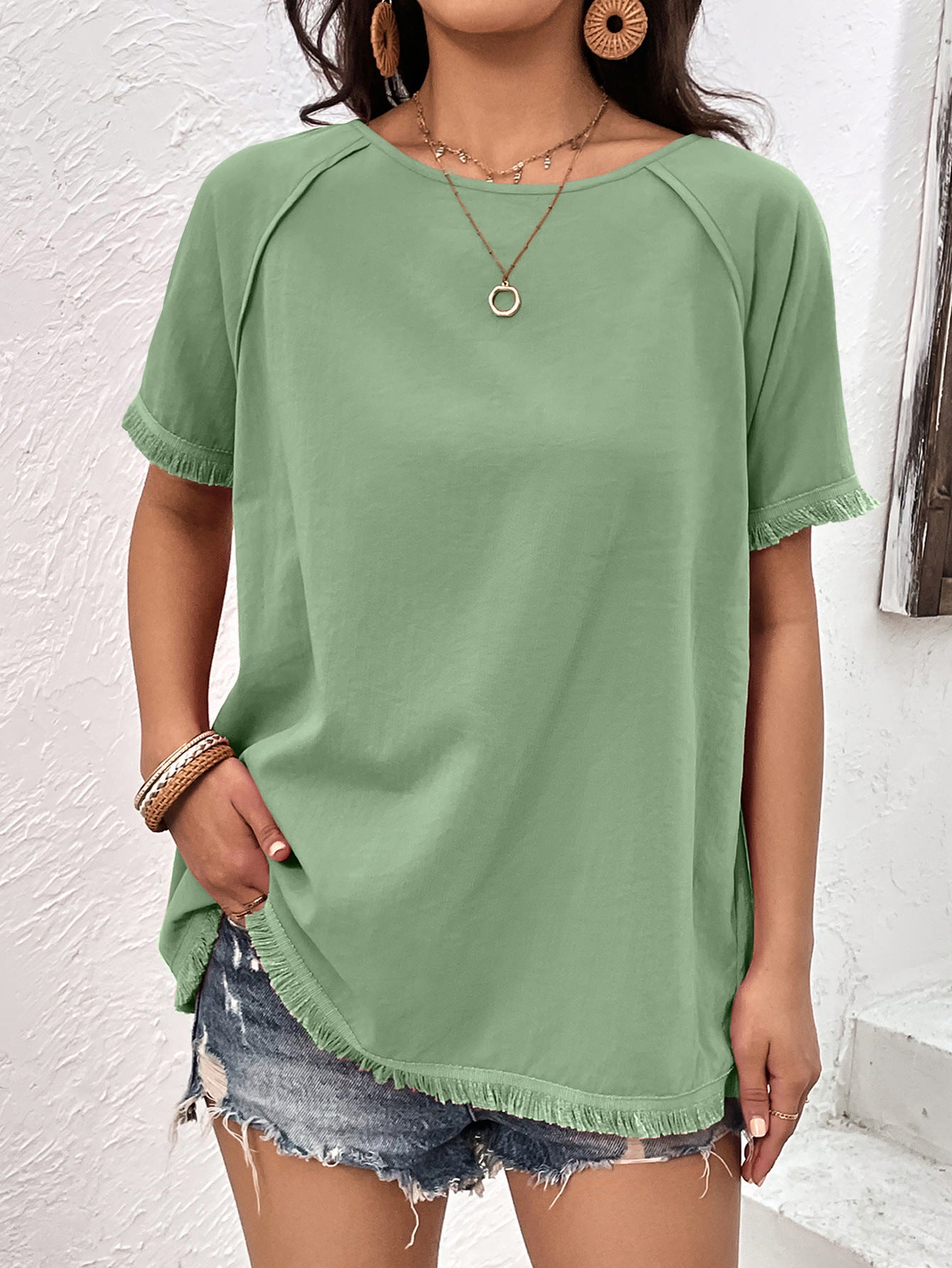 Ivy Lane Round Neck Raglan Sleeve Fringe Detail Top – Trendsi | ClozArt