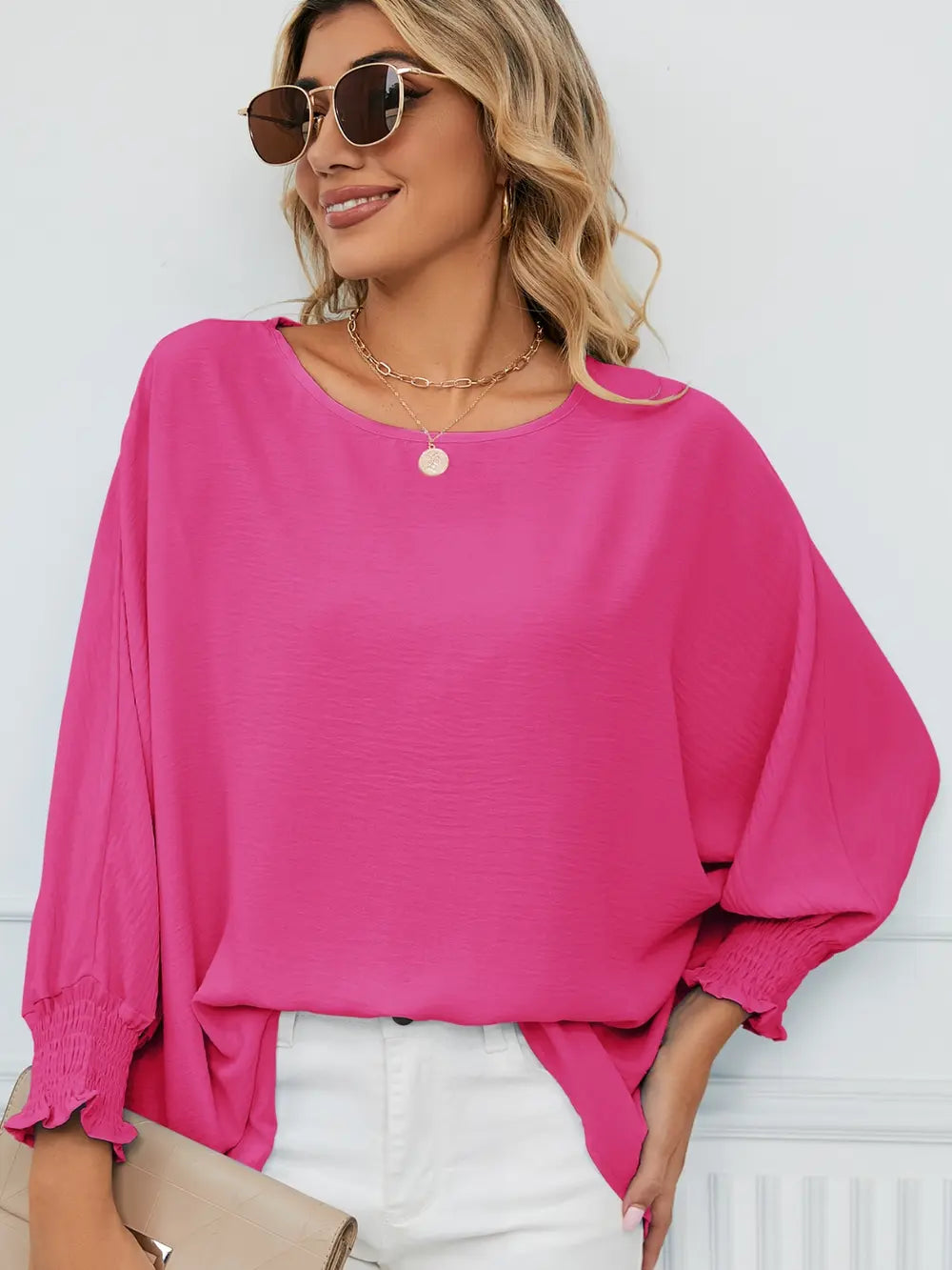 Smocked Lantern Sleeve Round Neck Blouse – Trendsi | ClozArt