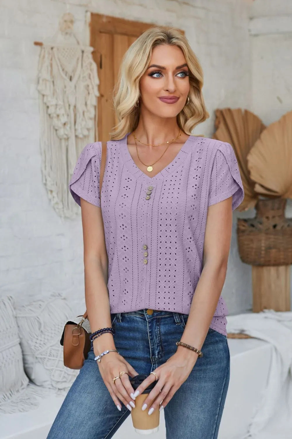 Decorative Button Eyelet V-Neck Short Sleeve T-Shirt – Trendsi | ClozArt