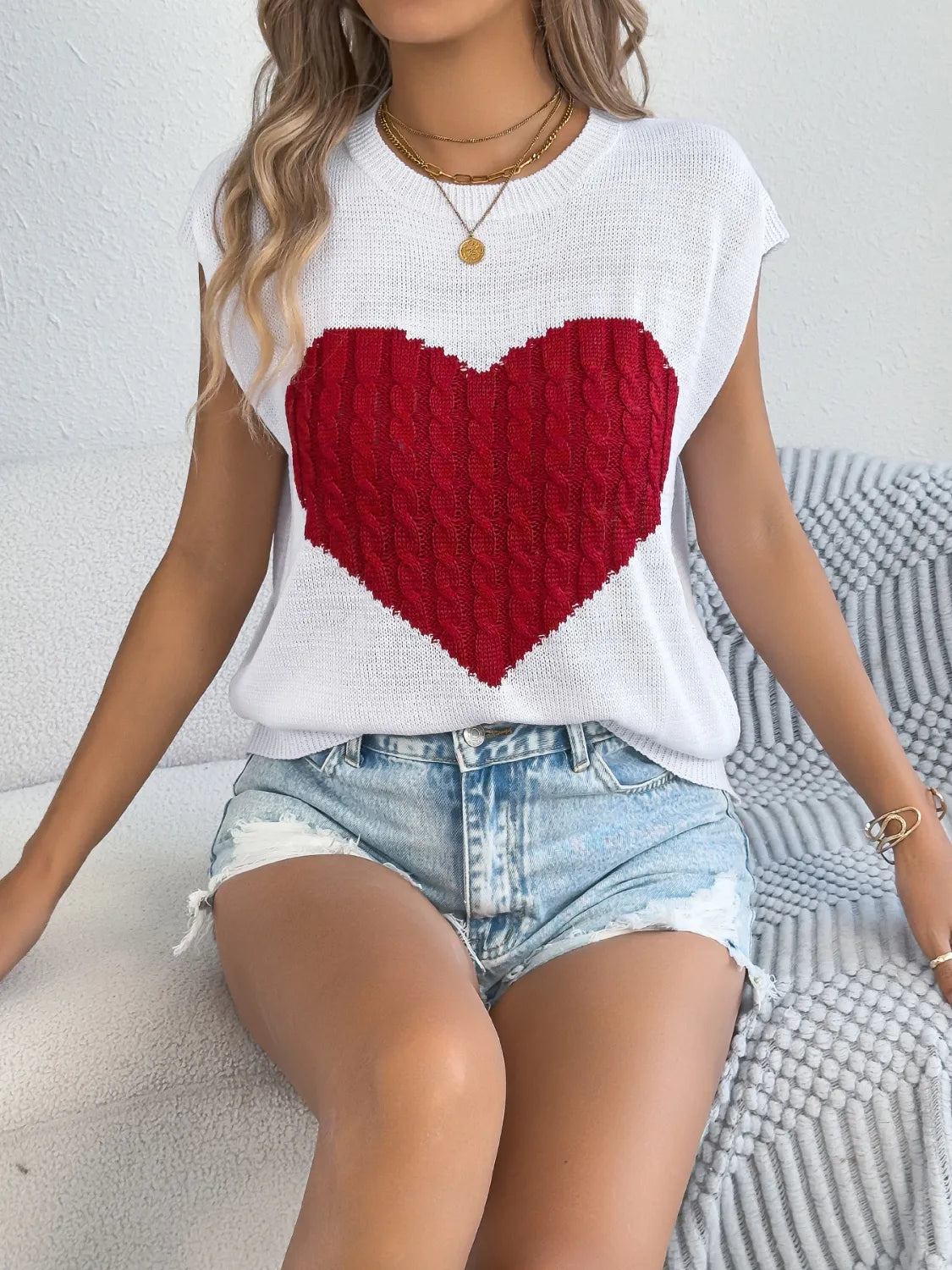 Cable Knit Heart Round Neck Cap Sleeve Knit Top – Trendsi | ClozArt