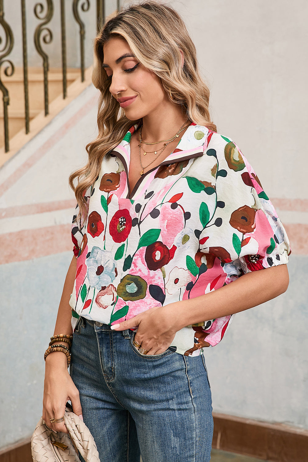 Peacock Blue Floral Print Boho Pop of Color Neckline Blouse – Shewin | ClozArt