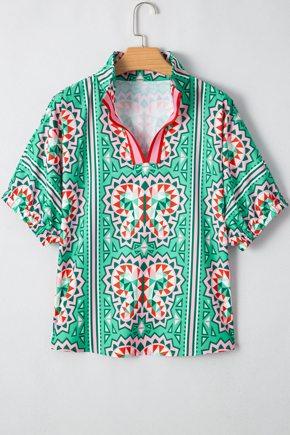 Sea Green Boho Geometric Print Pop of Color Neckline Blouse – Shewin | ClozArt