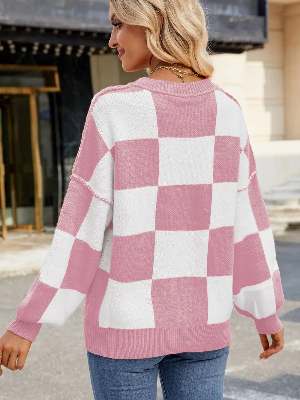 Checkered Round Neck Long Sleeve Sweater – Trendsi | ClozArt
