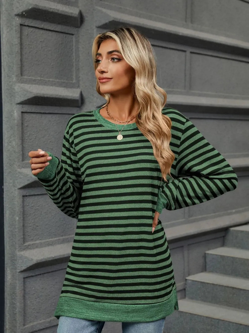 Striped Round Neck Long Sleeve T-Shirt – Trendsi | ClozArt