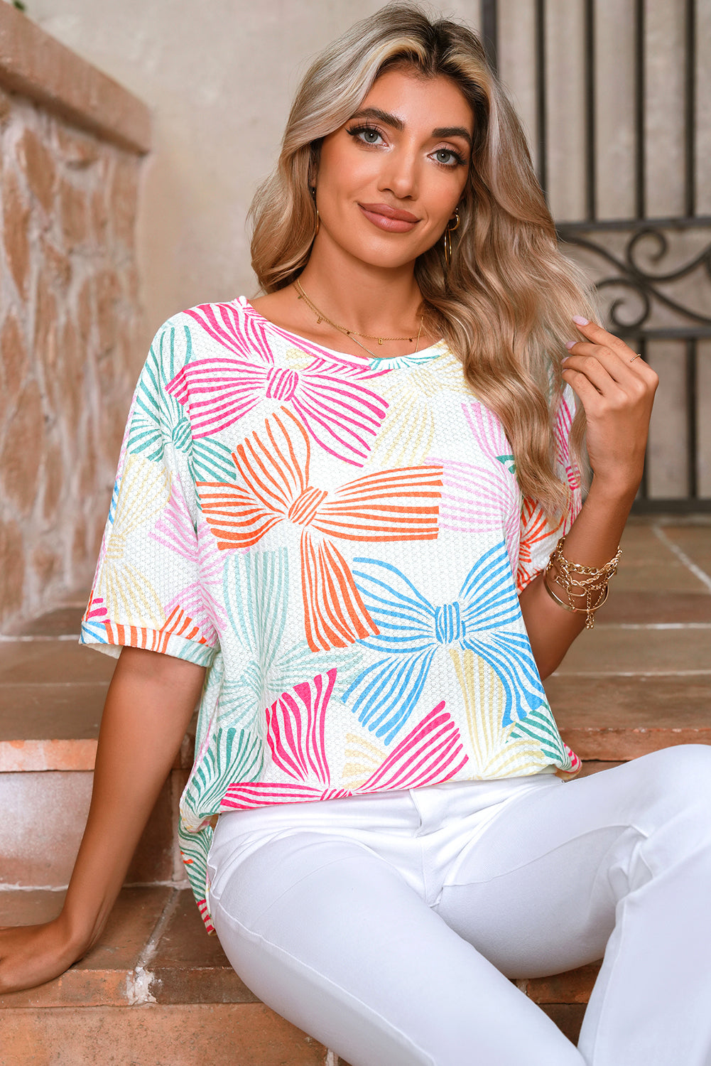 Multicolour Bowknot Print Waffle Loose Tee – Shewin | ClozArt