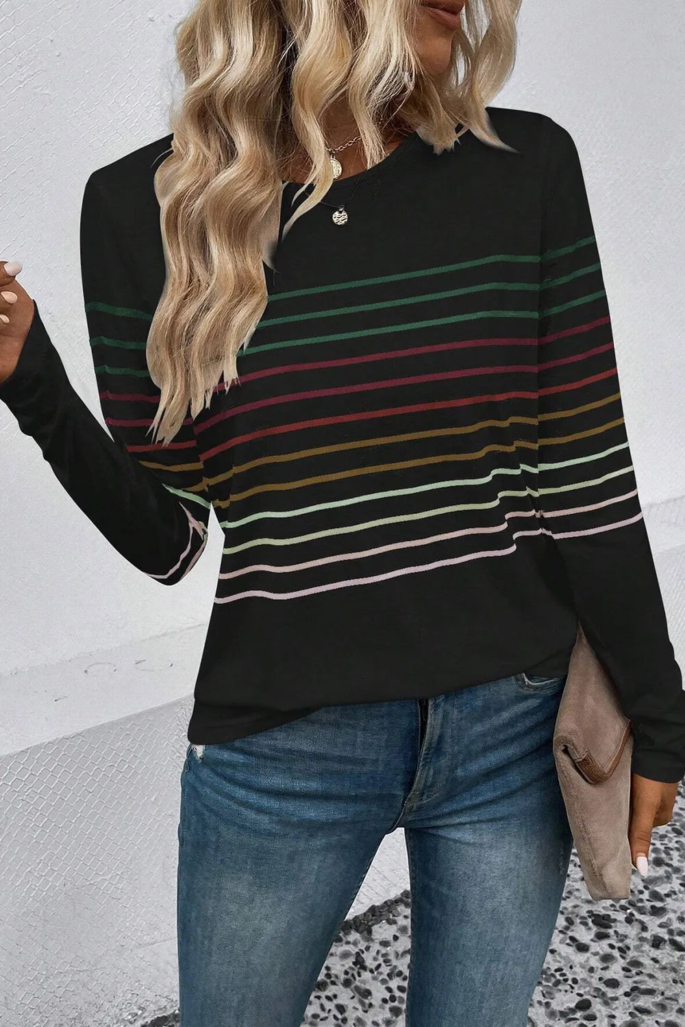 Striped Round Neck Long Sleeve T-Shirt – Trendsi | ClozArt