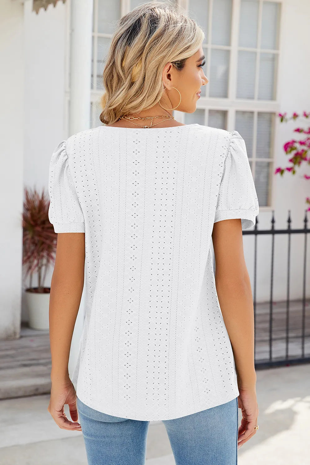 Eyelet Puff Sleeve T-Shirt – Trendsi | ClozArt