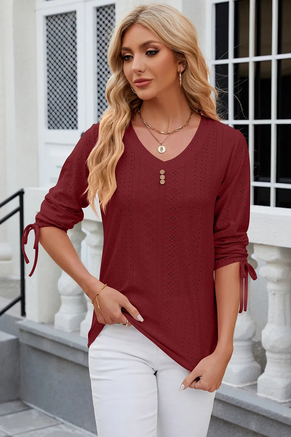 Eyelet Drawstring V-Neck Half Sleeve T-Shirt – Trendsi | ClozArt