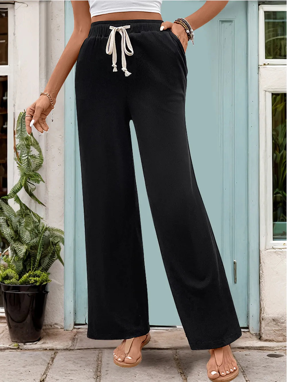 Perfee Drawstring High Waist Straight Pants – Trendsi | ClozArt