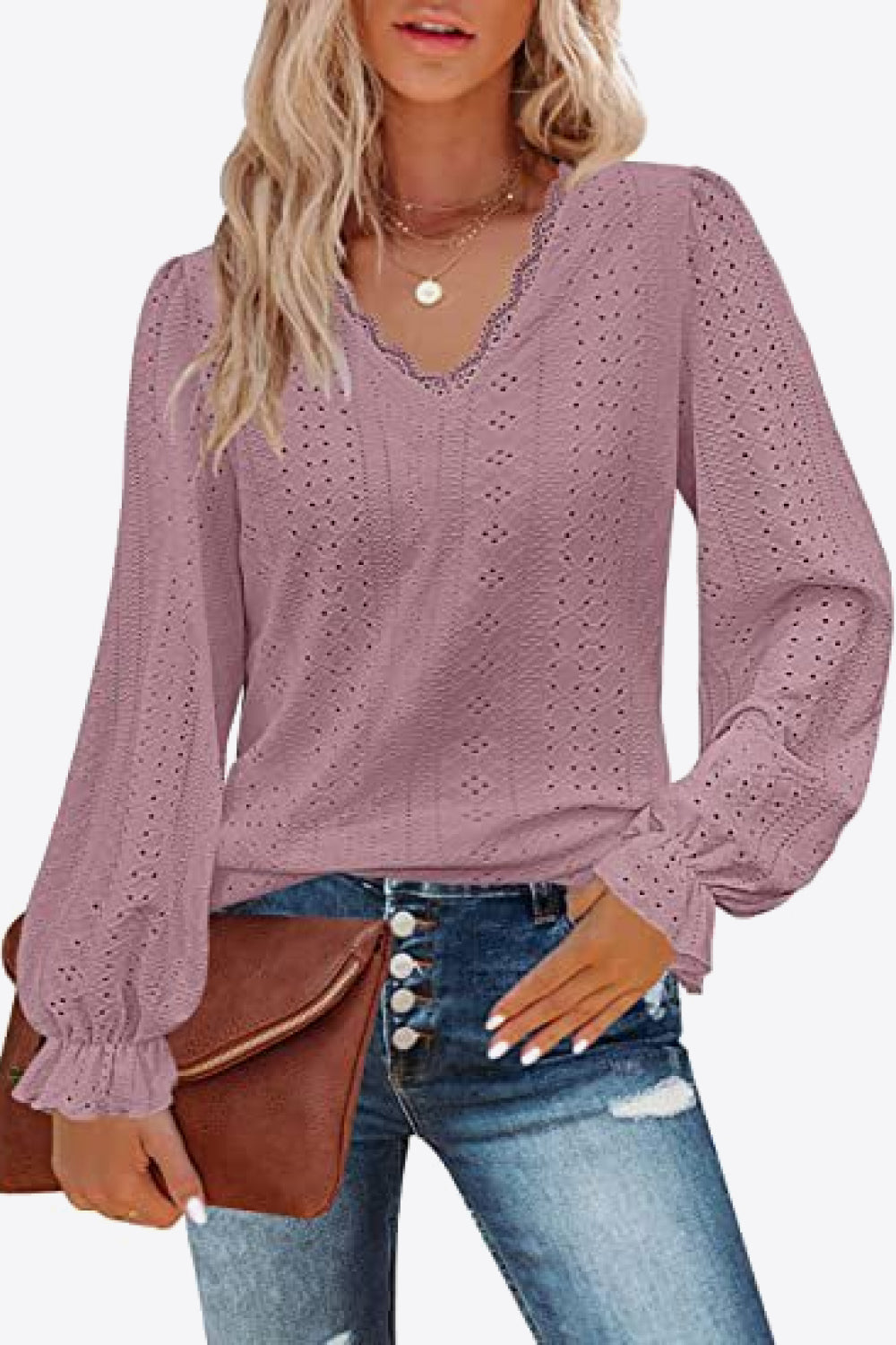 Eyelet V-Neck Flounce Sleeve Blouse – Trendsi | ClozArt