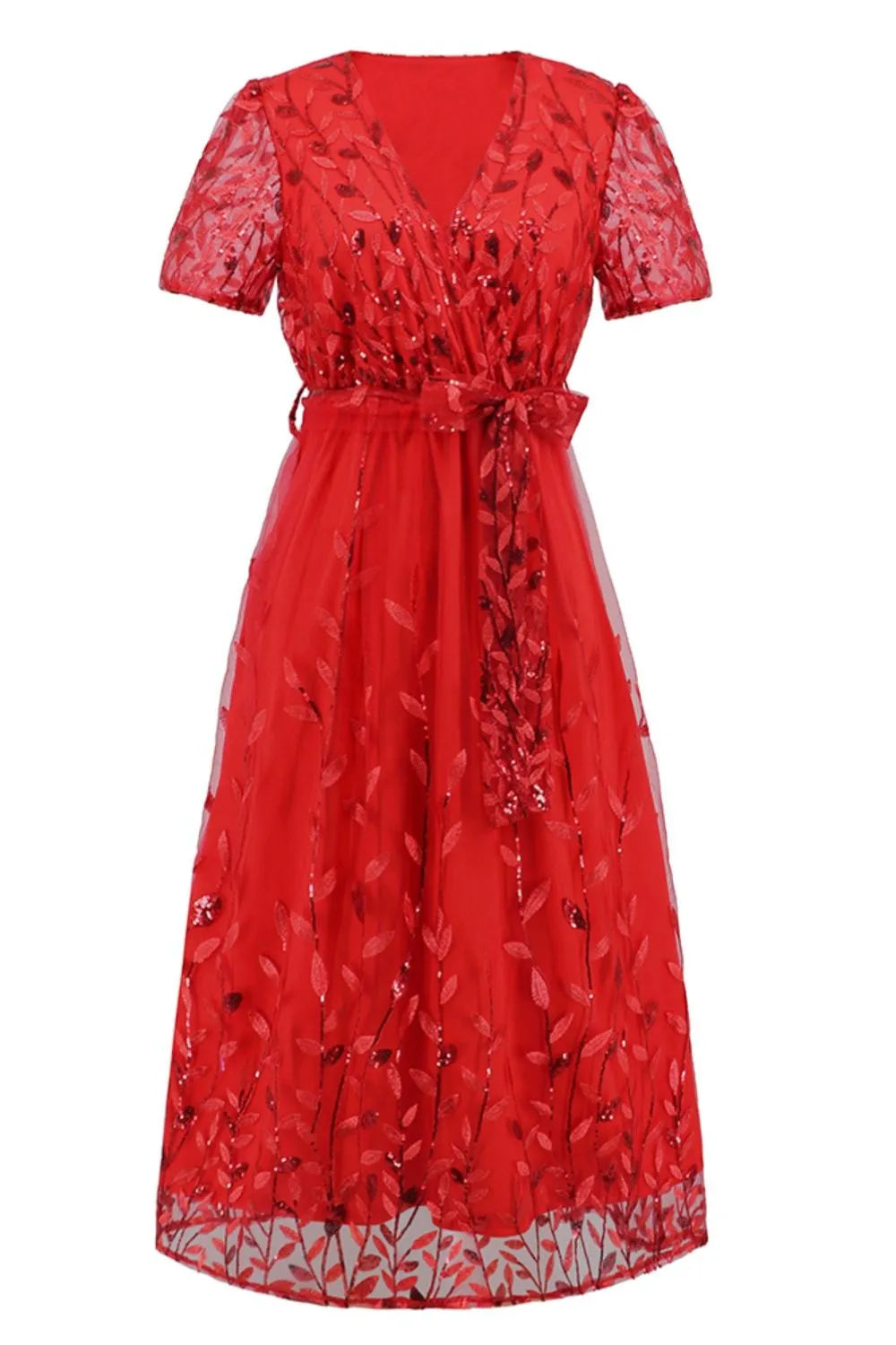 Sequin Leaf Embroidery Tie Front Short Sleeve Dress – Trendsi | ClozArt