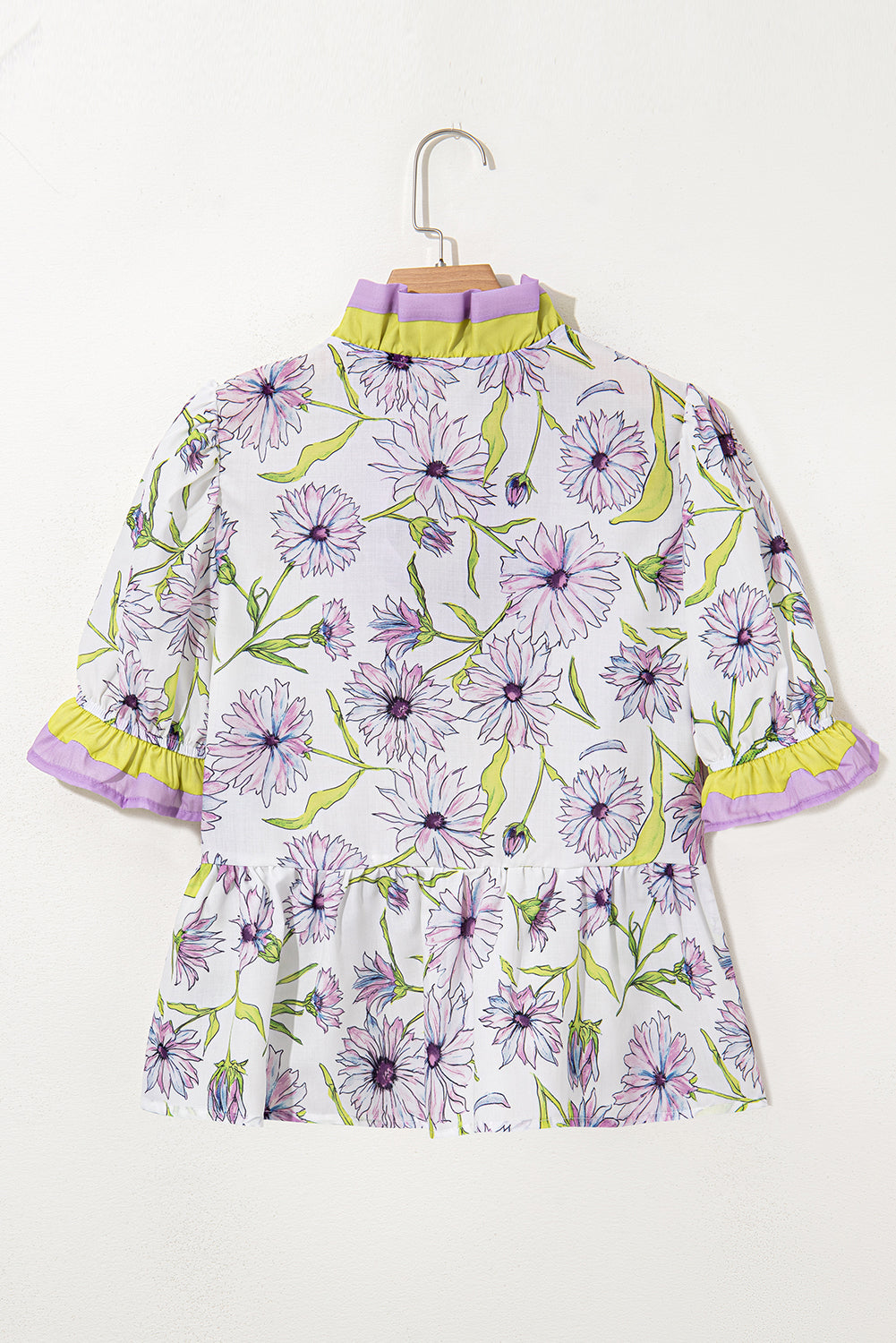 Purple Floral Print Ruffle Pop of Color Neckline Blouse – Shewin | ClozArt
