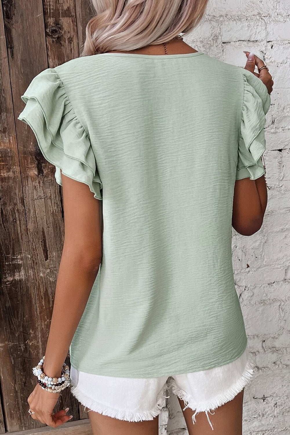Mist Blue Solid Color Ruffle Sleeve Crinkled Blouse – Shewin | ClozArt
