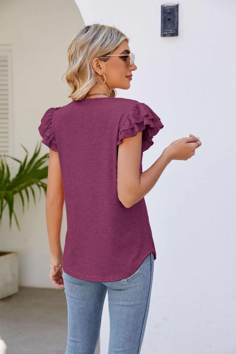 Smocked Flutter Sleeve V-Neck Top – Trendsi | ClozArt