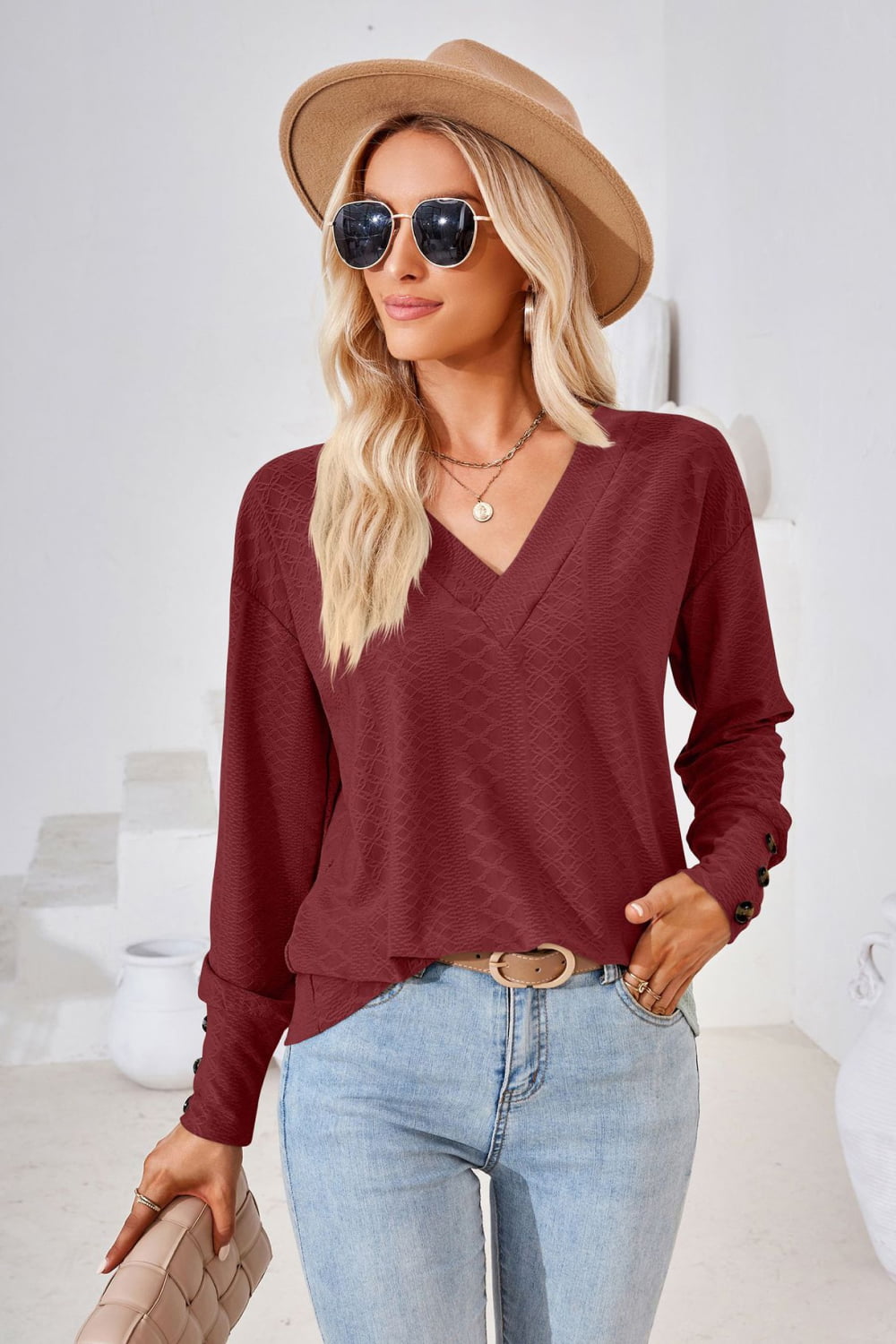 V-Neck Long Sleeve Blouse – Trendsi | ClozArt