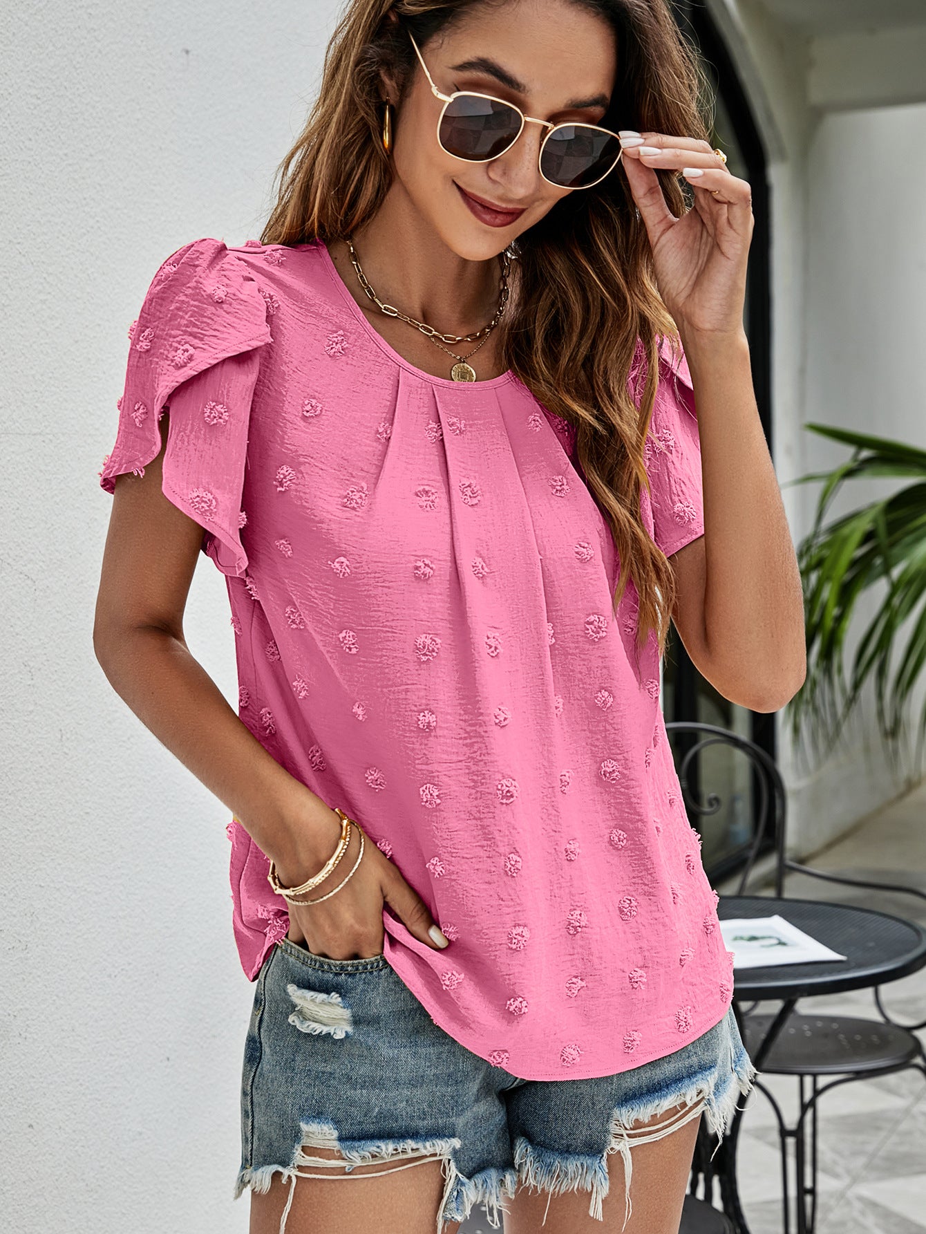 Swiss Dot Round Neck Petal Sleeve Top – Trendsi | ClozArt