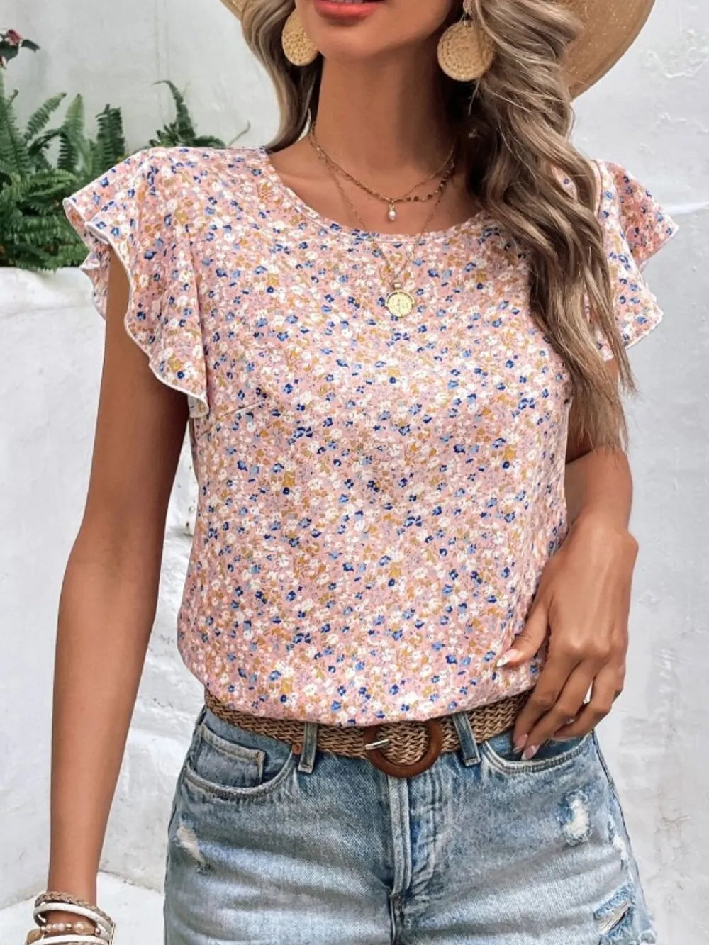 Ditsy Floral Round Neck Cap Sleeve Top – Trendsi | ClozArt
