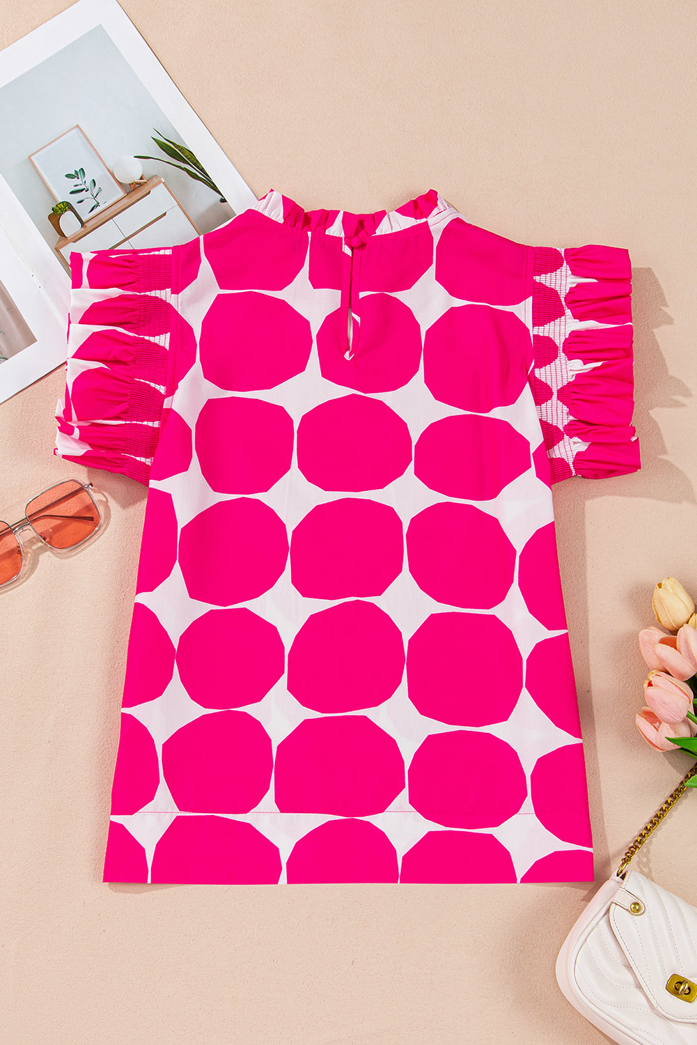 Rose Polka Dot Pattern Frill Neck Flutter Sleeve Top – Shewin | ClozArt