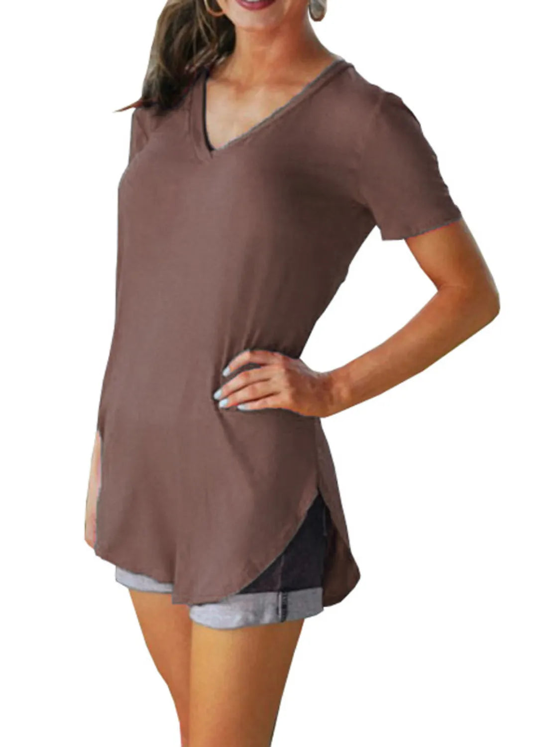 Full Size Solid V-Neck Short Sleeve T-Shirt Plus Size – Trendsi | ClozArt