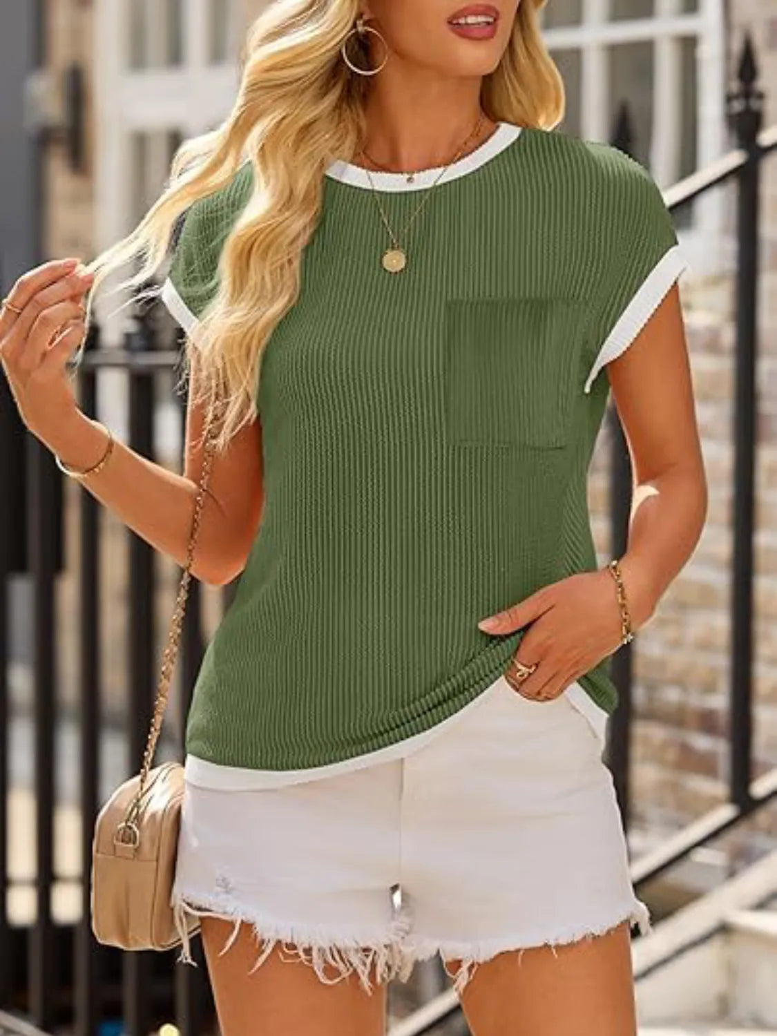 Contrast Trim Round Neck Cap Sleeve Top – Trendsi | ClozArt