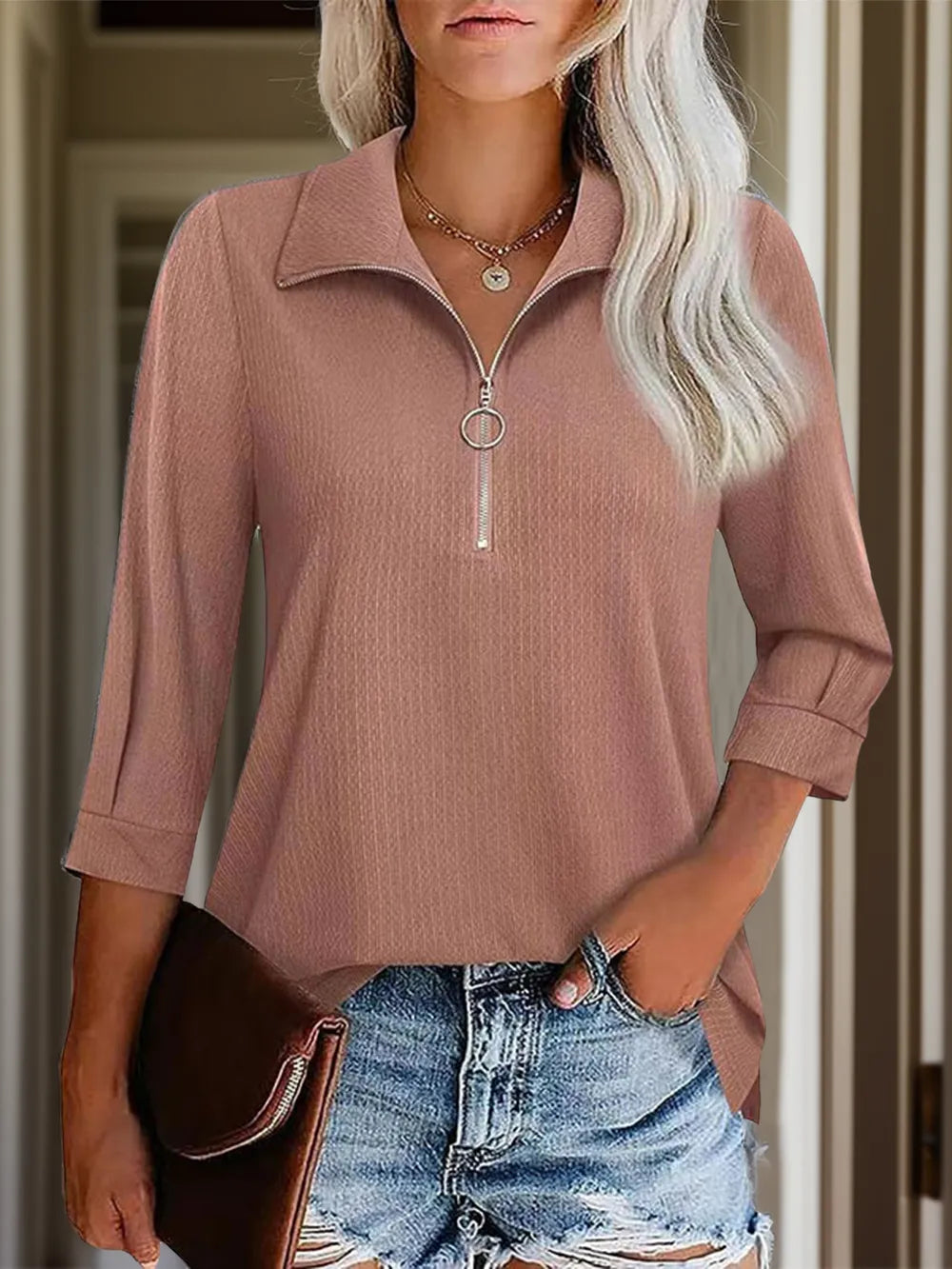 Half Zip Collared Neck Three-Quarter Sleeve T-Shirt – Trendsi | ClozArt