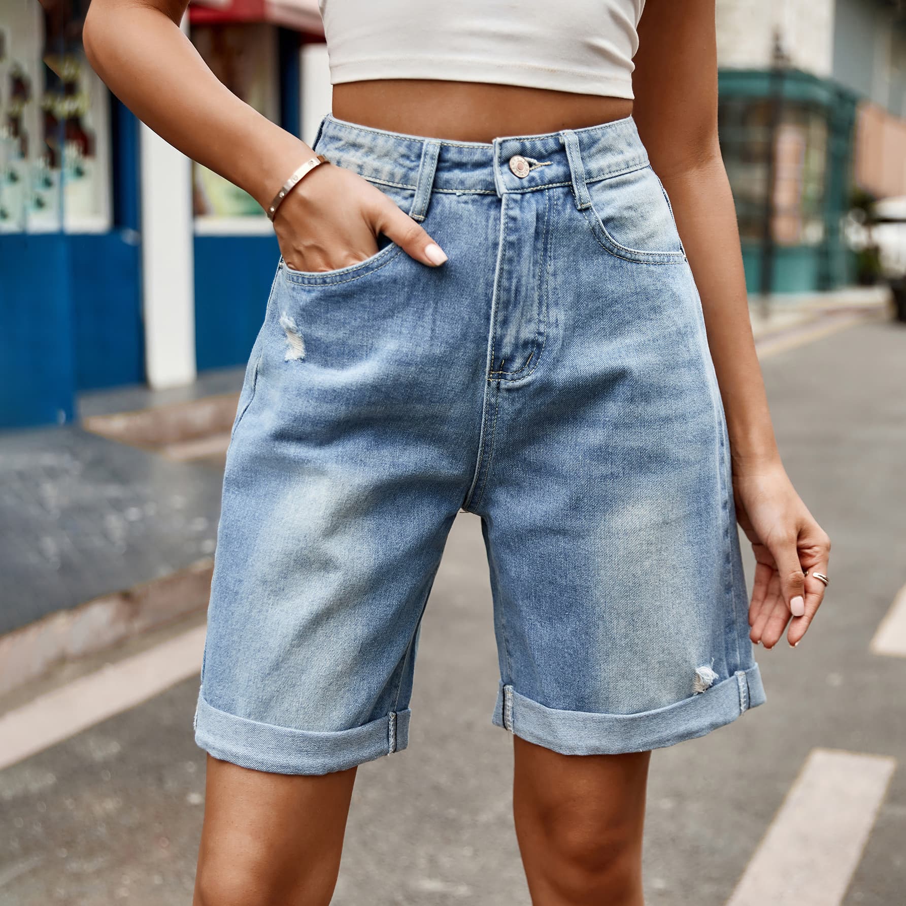 Distressed Buttoned Denim Shorts with Pockets – Trendsi | ClozArt