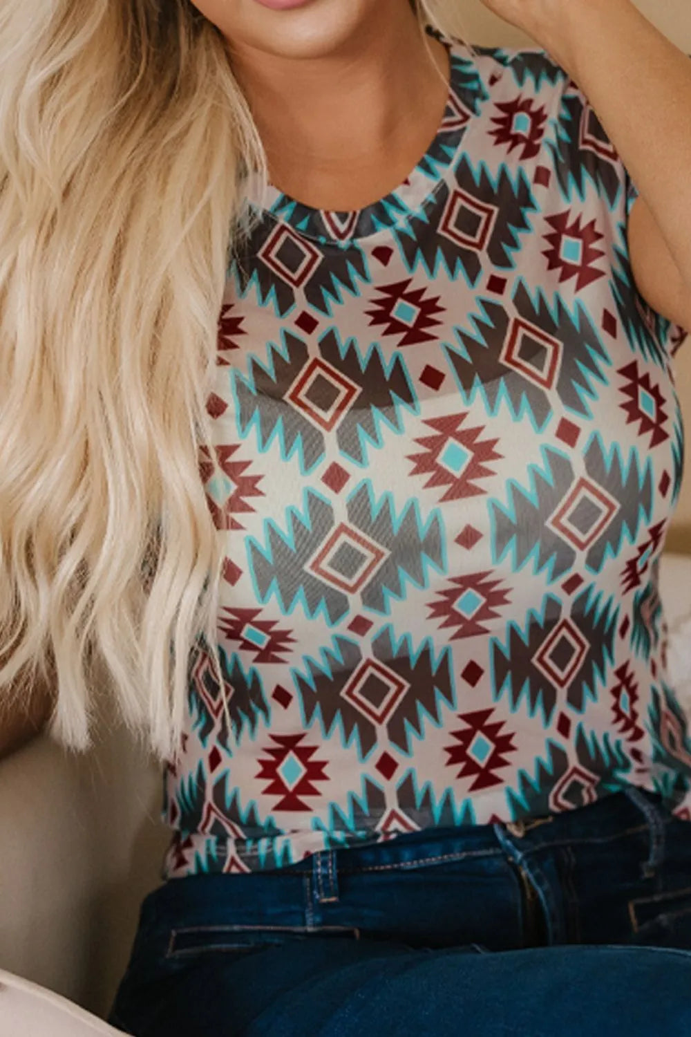 Western Aztec Print Mesh Slim T Shirt – Trendsi | ClozArt