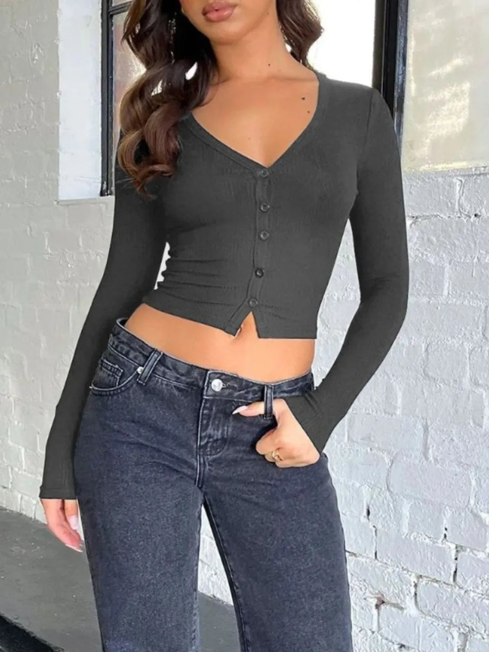 Buttoned V-Neck Long Sleeve T-Shirt – Trendsi | ClozArt