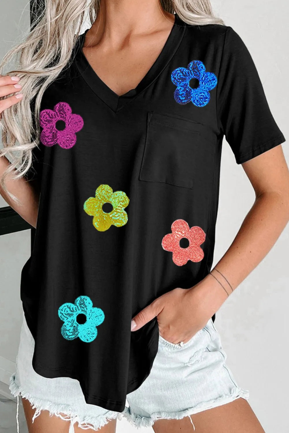 Sequin Flower V-Neck Short Sleeve T-Shirt – Trendsi | ClozArt