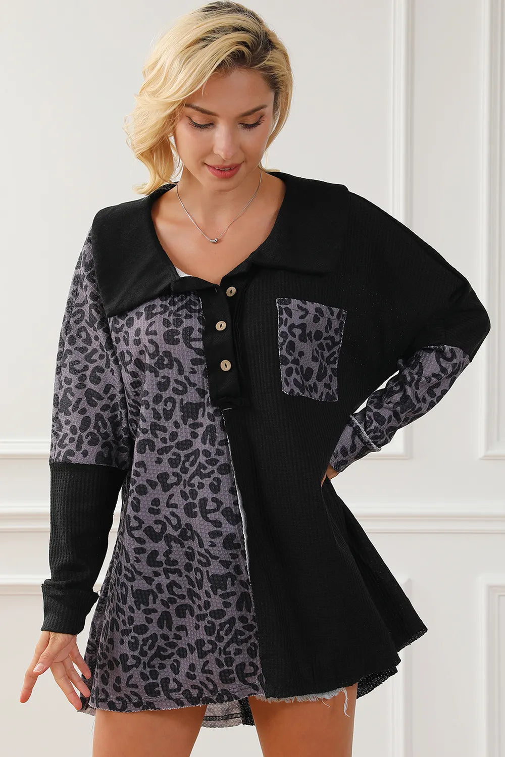 Half Button Leopard Collared Neck Blouse – Trendsi | ClozArt