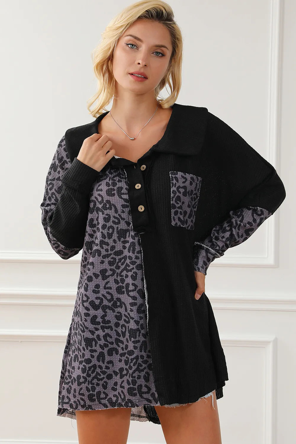 Half Button Leopard Collared Neck Blouse – Trendsi | ClozArt