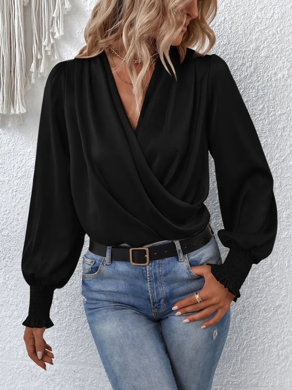 Surplice Smocked Lantern Sleeve Blouse – Trendsi | ClozArt