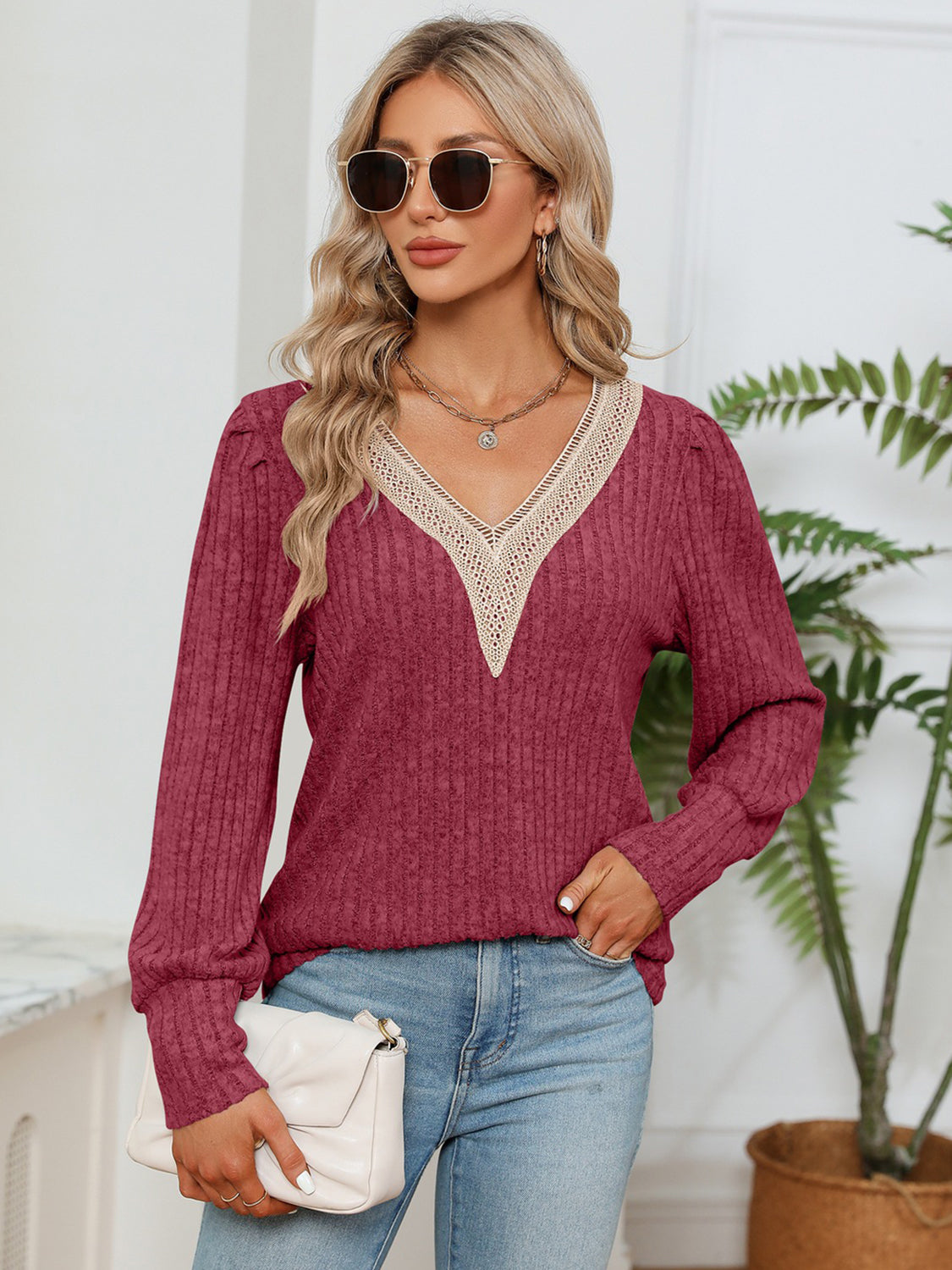 Lace Detail V-Neck Ribbed Blouse – Trendsi | ClozArt