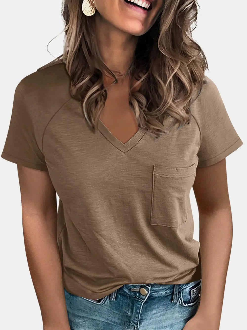 Pocketed V-Neck Short Sleeve T-Shirt – Trendsi | ClozArt