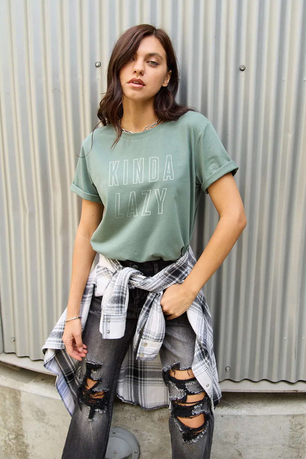 Simply Love Full Size KINDA LAZY Round Neck T-Shirt – Trendsi | ClozArt