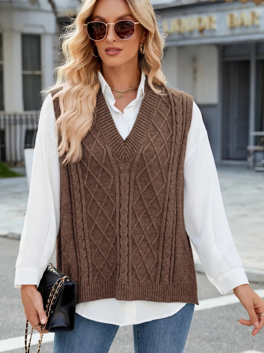 Cable Knit V-Neck Sweater Vest – Trendsi | ClozArt