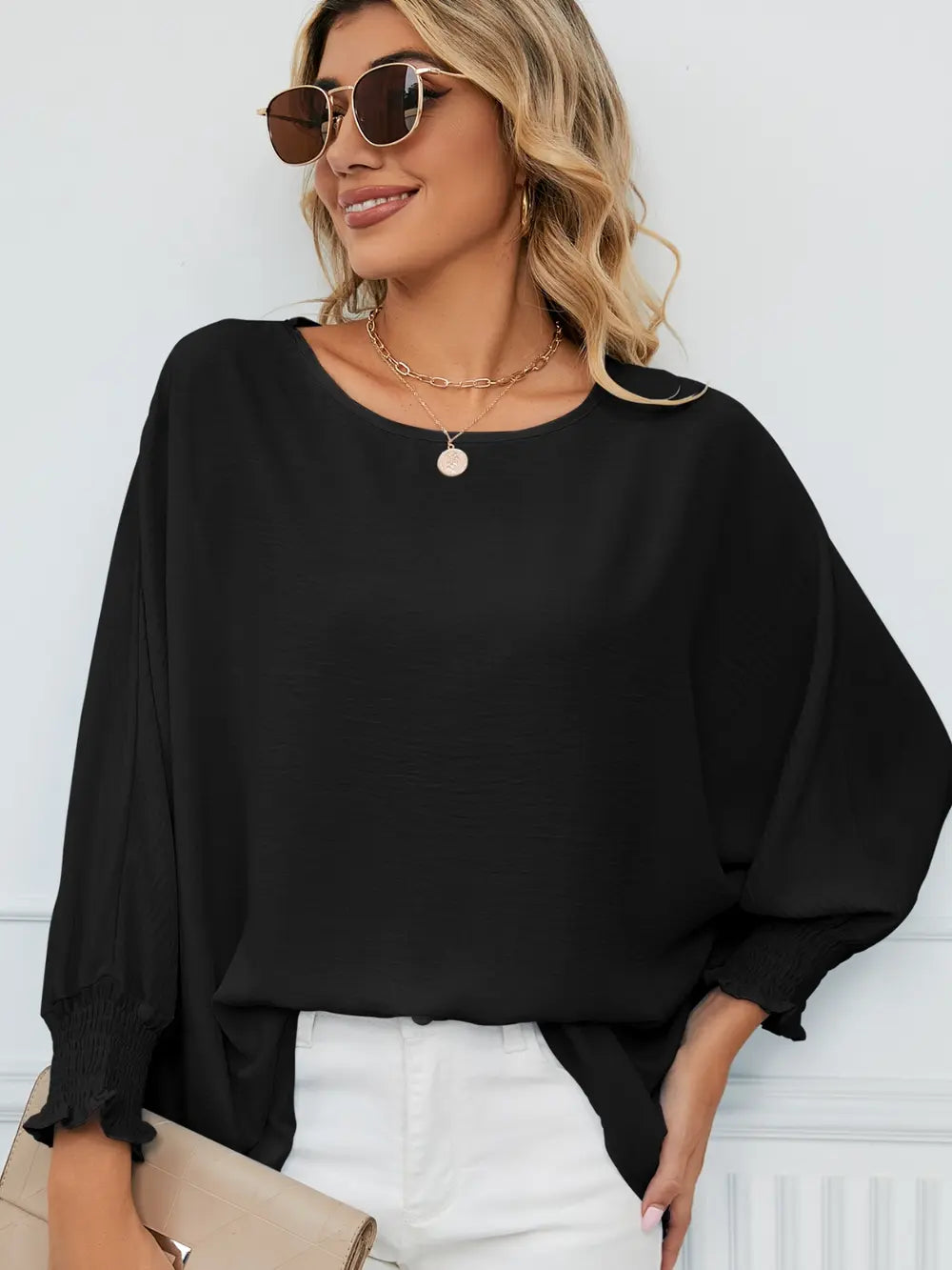 Smocked Lantern Sleeve Round Neck Blouse – Trendsi | ClozArt