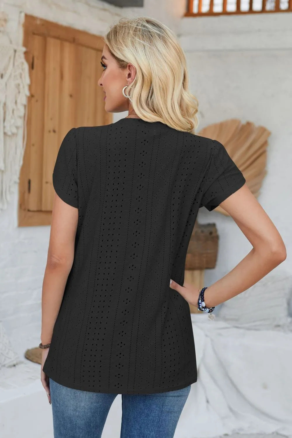 Decorative Button Eyelet V-Neck Short Sleeve T-Shirt – Trendsi | ClozArt