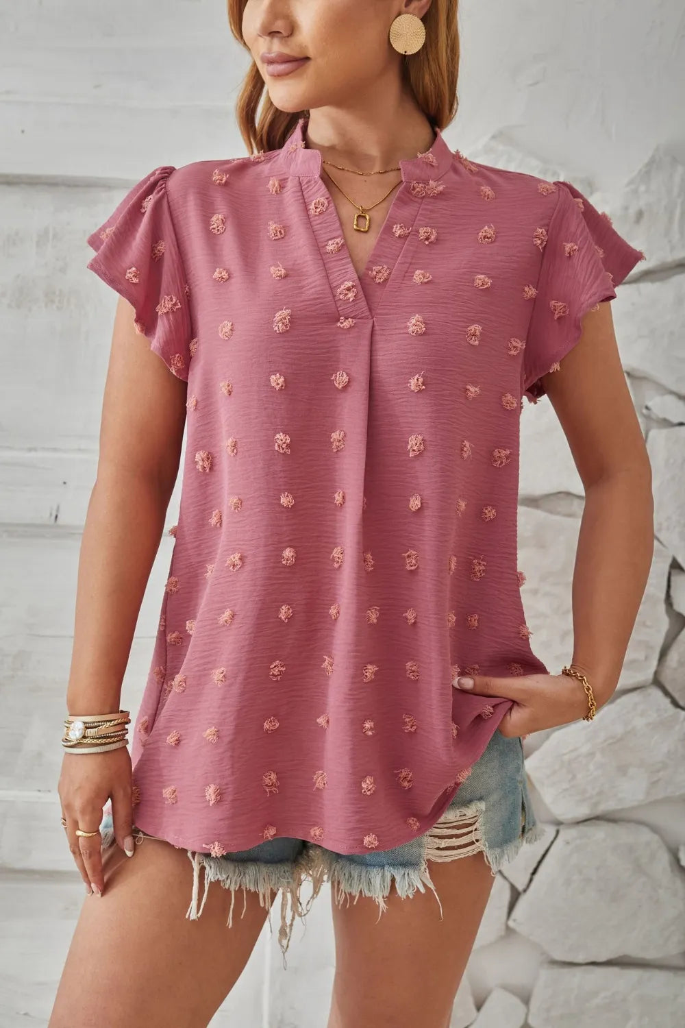 Swiss Dot Notched Cap Sleeve T-Shirt – Trendsi | ClozArt