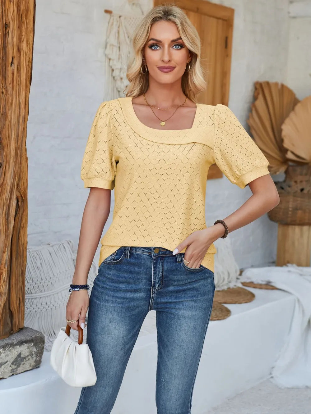 Eyelet Asymmetrical Neck Short Sleeve T-Shirt – Trendsi | ClozArt