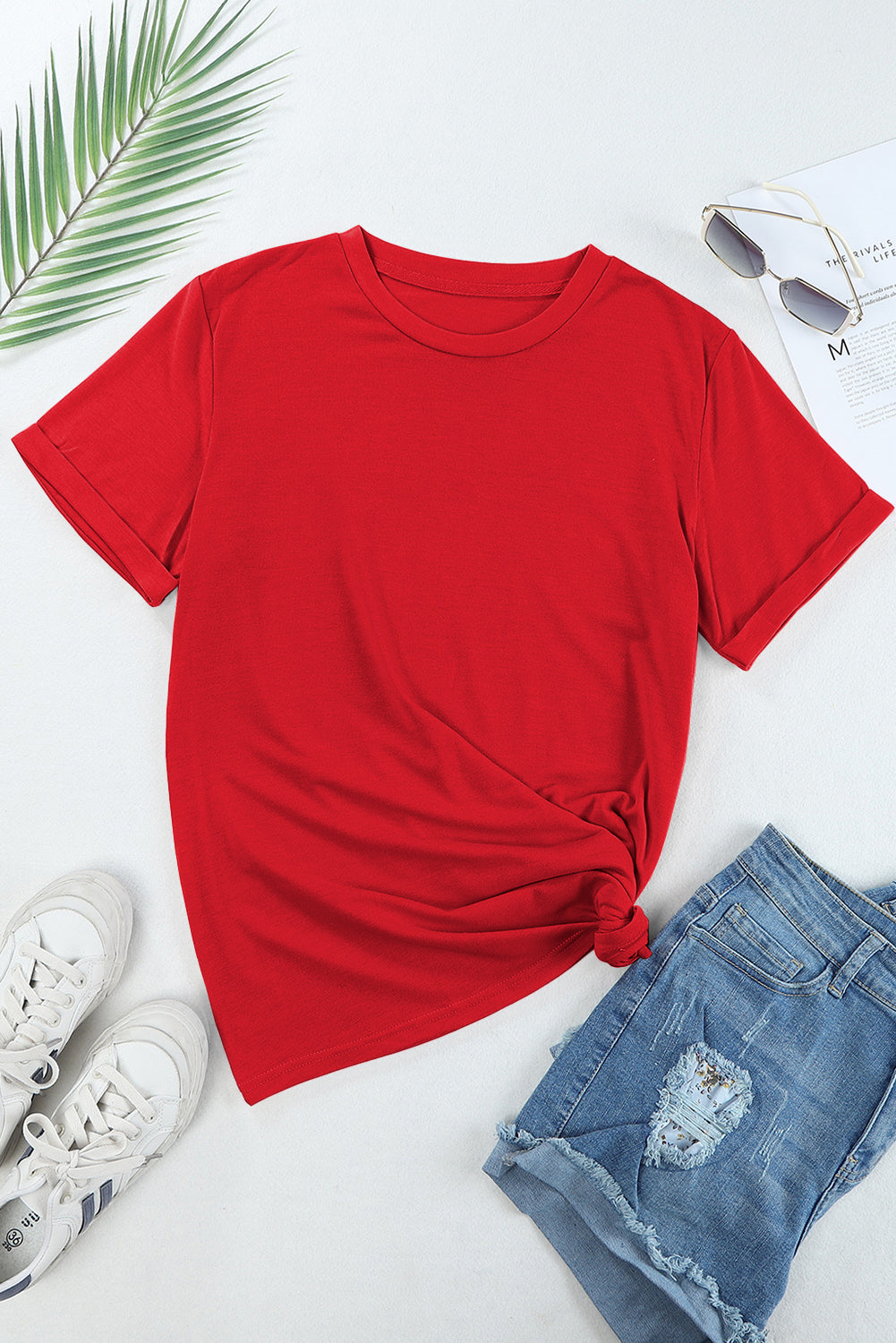 Red Solid Color Basic Crew Neck Plain Tee – Shewin | ClozArt