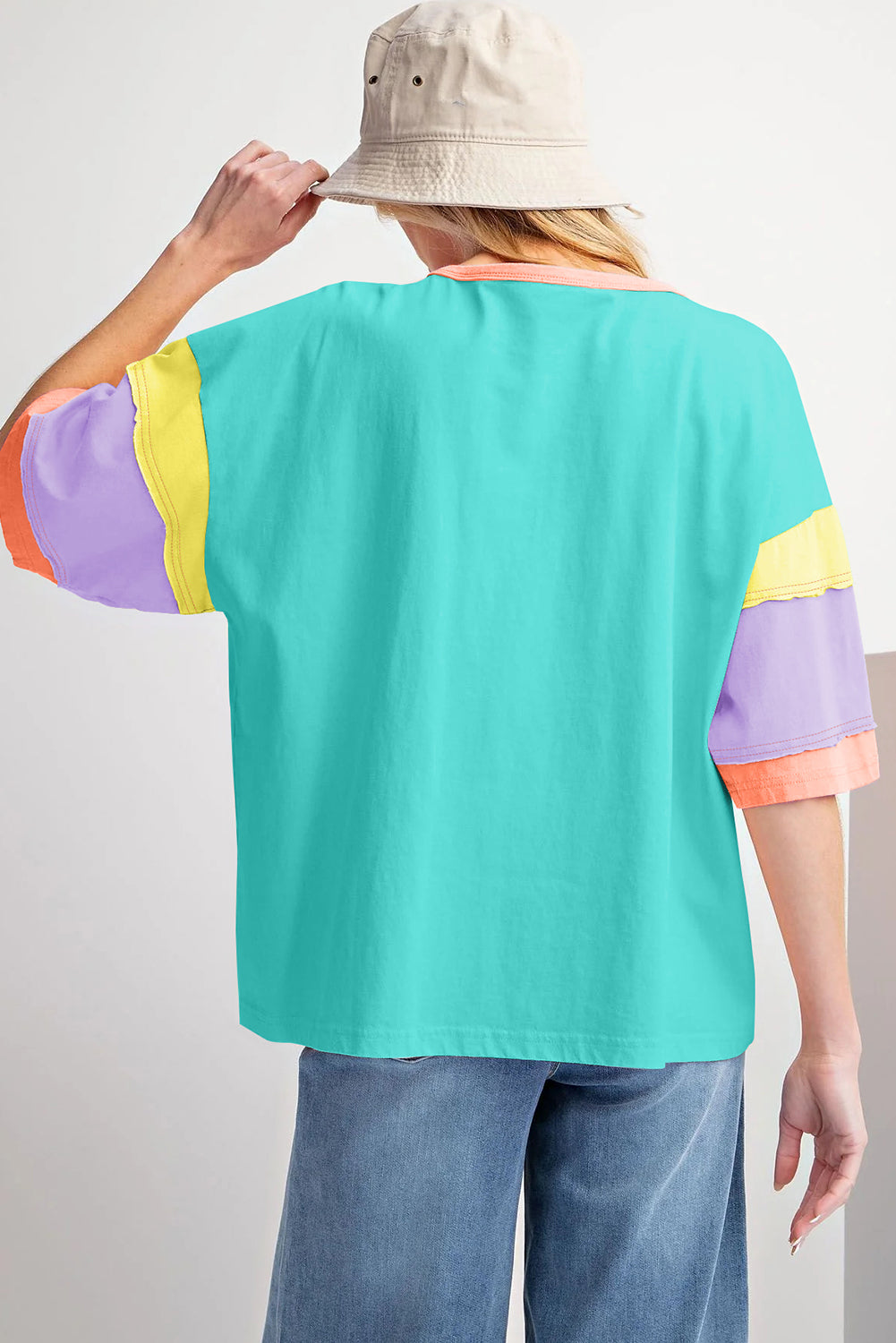 Pink Color Block Sleeve Round Neck Oversize Top – Shewin | ClozArt
